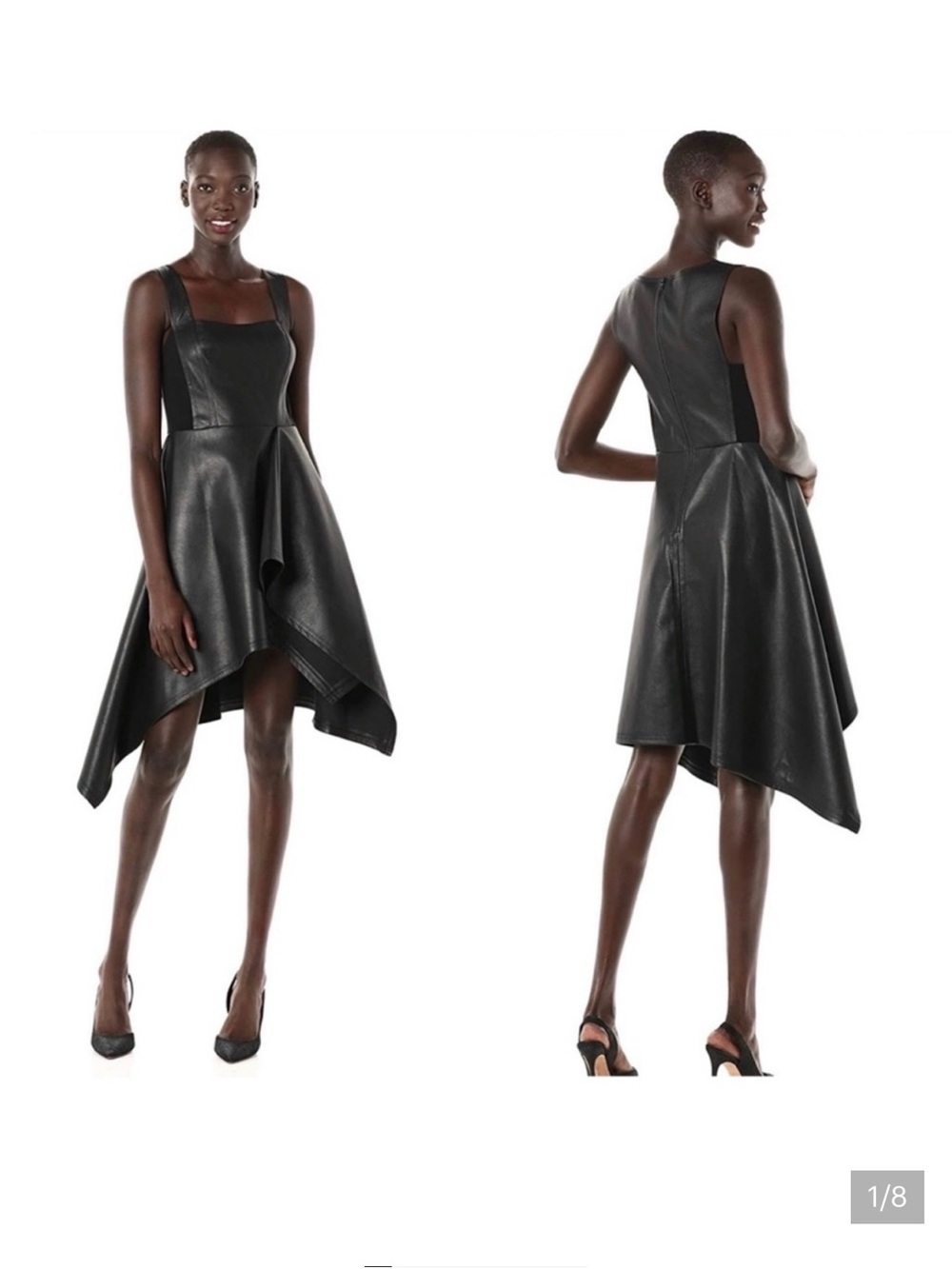 BCBGMaxAzria‎ Black Asymmetric Faux-Leather Handkerchief Dress
